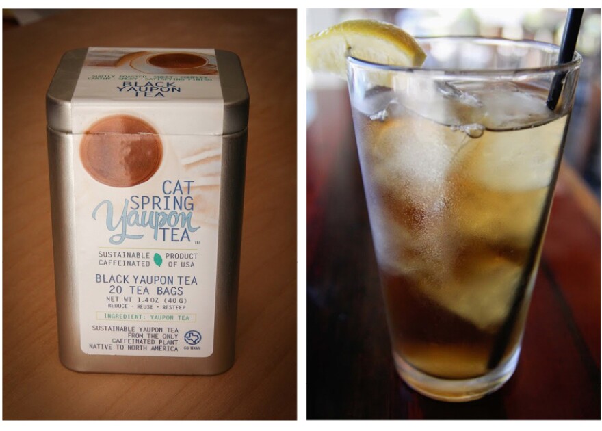 (Left) A box of Cat Spring Yaupon Tea, produced by JennaDee Detro and her sister, Abianne Falla. (Right) A glass of iced yaupon tea as served at Odd Duck, a farm-to-table restaurant in Austin, Texas.