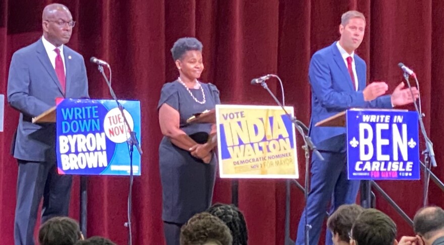 Mayoral candidates Byron Brown, India Walton and Ben Carlisle in a debate at St. Joseph's Collegiate Institute