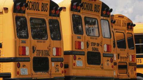 School buses are lined up in a storage lot, Thursday, Aug. 14, 2025, in Manchester, New Hampshire. (Charles Krupa/AP)