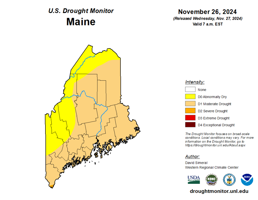 A map showing the drought monitor for Maine on Nov. 26, 2024.