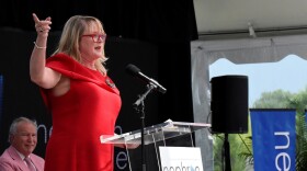 Nephron Pharmaceuticals Corp. CEO Lou Kennedy speaks during the rollout of her new company, Nephron Nitrile, which Kennedy says will manufacture medical gloves as part of an effort to shore up the U.S. medical supply chain, Thursday, July 15, 2021, in West Columbia, S.C. (AP Photo/Meg Kinnard)