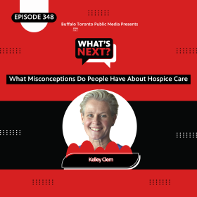 Red background with a thick black stripe in the middle. In the top corner is "EPISODE 348" in white text. Then, centered from top to bottom, is: What's Next? logo, "What Misconceptions Do People Have About Hospice Care", then a photo of Kelley Clem with her name underneath.