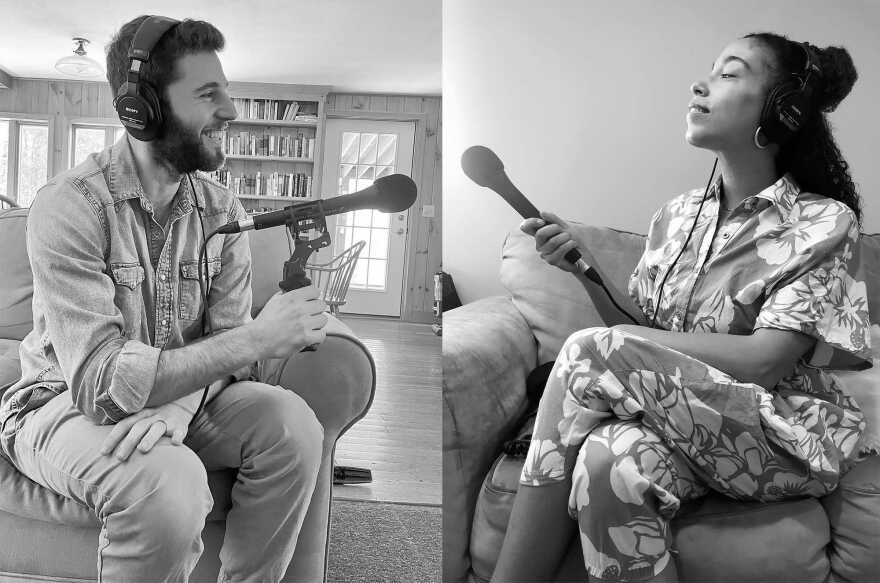 Two people are pictured here posing, from a distance, with their VPR field recorders and microphones. 