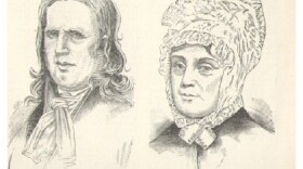 An engraving features two portraits side-by-side. The left portrait shows a man with long hair and a cravat, identified below as JOHN CLEVES SYMMES. The right portrait shows a woman wearing a bonnet, identified below as ANNA HARRISON, his daughter. 