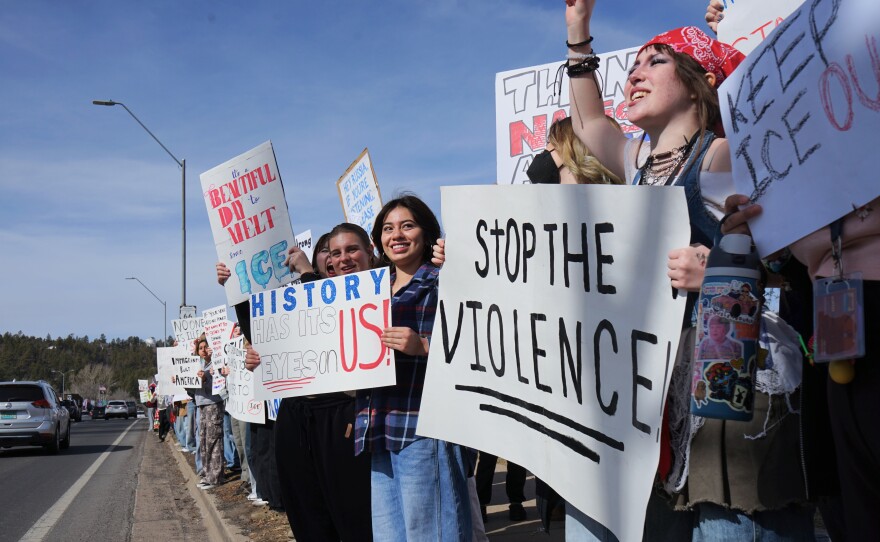 Students from Flagstaff High School and elsewhere held a walkout and protest at Flagstaff City Hall on Jan. 28, 2026 in opposition to the Trump administration's intensifying immigration crackdowns.