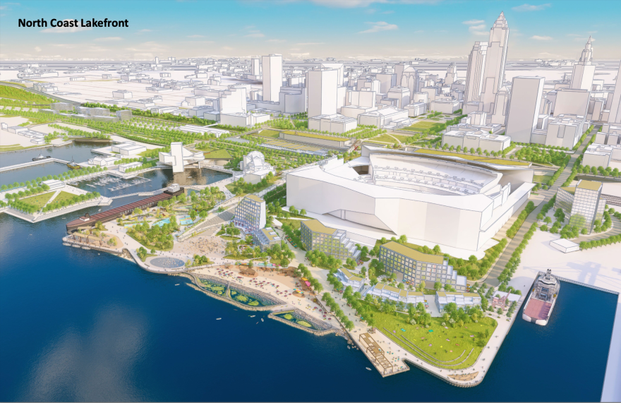 A plan for the Cleveland downtown lakefront developed in 2023-2024 by Field Operations configured new public spaces and development sites around the existing city-owned football stadium.