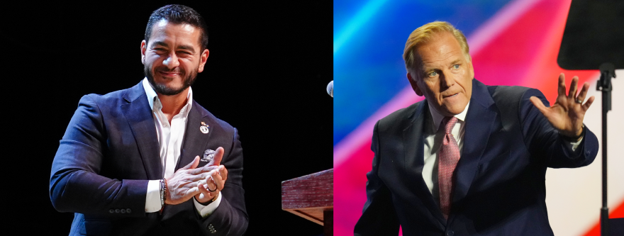 Composite of Abdul El-Sayed and Mike Rogers at campaign events