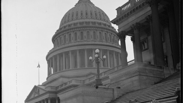 "Won't be long now! Washington, D.C., Sept. 22. Although Congress will not convene until next January, workmen are already putting the Capitol in tip-top shape. Workmen are pictured repairing the steps on the Senate side of the building, 9/22/38"