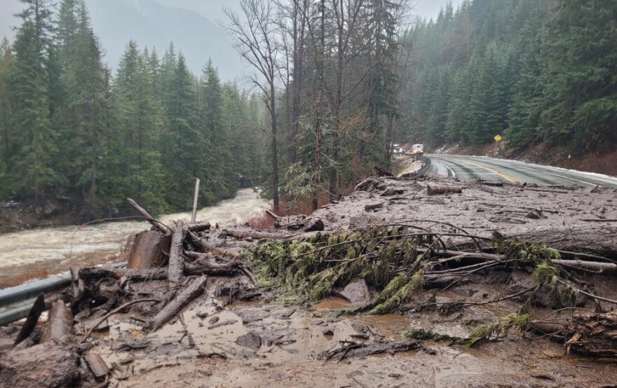 Slide damage at milepost 72 on U.S. 2, in a photo shared by the Washington State Department of Transportation on Dec. 11, 2025.