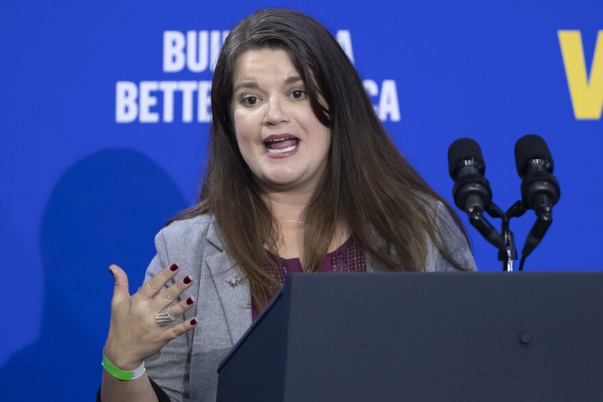 FILE - New Mexico Secretary of State Maggie Toulouse Oliver speaks during a campaign rally with President Biden and fellow Democrats in Albuquerque, N.M., Nov. 3, 2022. (AP Photo/Andres Leighton, File)