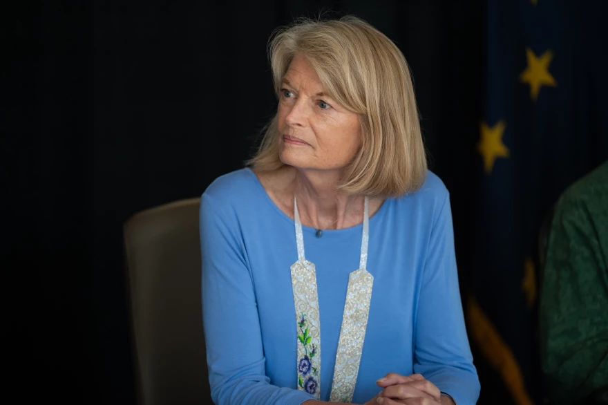 Senator Lisa Murkowski answers questions during a briefing at Alaska Native Tribal Health Consortium on Aug. 5, 2025.