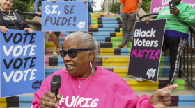 Wearing an "Unrig Bridgeport" t-shirt, State Senator Marilyn Moore speaks Saturday, June 03, 2023 in Bridgeport, Ct.