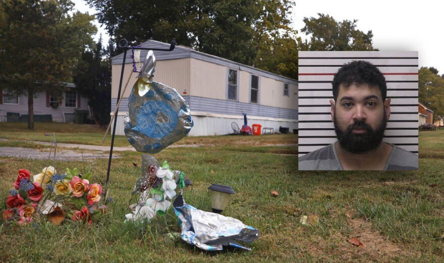 A memorial for 8-year-old Leland Arnett pictured in front of the trailer where the family lived on Hickory Street in DeSoto. Marcus Moultrie, pictured, pleaded guilty to killing him.