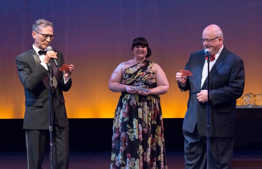 Artie Awards image L-R Artie Awards co-hosts Anthony Chase and Charmagne Chi with Theater Talk co-host Peter Hall.jpg