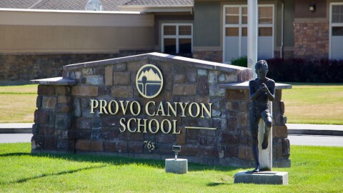FILE -Signage for the Provo Canyon School in Springville, Utah, is pictured June 15, 2026.