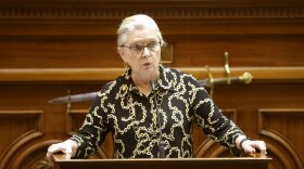 Republican South Carolina Sen. Katrina Shealy speaks about a bill banning abortion on the Senate floor on Wednesday, Sept. 7, 2022, in Columbia, S.C. (AP Photo/Jeffrey Collins)
