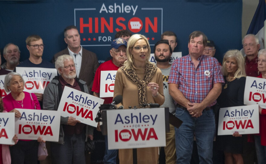 Republican U.S. Senate candidate Ashley Hinson at a press conference in Des Moines on Sept. 25, 2026 where she called for the war in Iran to end immediately.