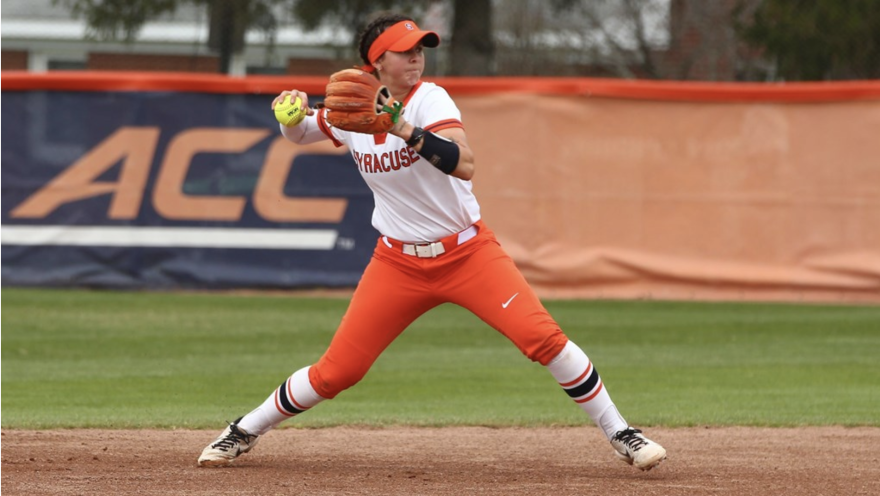 Neli Casares-Maher, Syracuse's fifth-year shortstop, fields a ground ball during an ACC matchup against Duke.