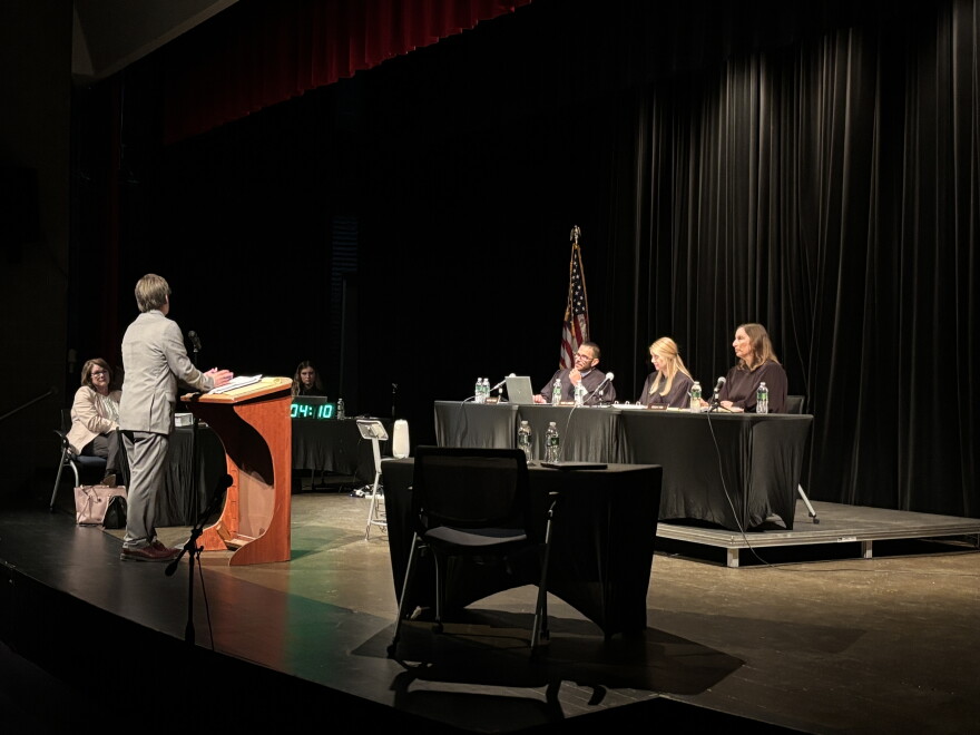 Public defender Mike McLaughlin presents his rebuttal to Norman County Attorney Elizabeth Brainard's arguments in front of Court of Appeals judges Keala C. Ede, Elise L. Larson and Rachel Bond on Sept. 22, 2026, in the Pequot Lakes High School auditorium.