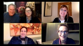 Jay O. Sanders, Maryann Plunkett, Sally Murphy, Laila Robins, and Stephen Kunken (clockwise) in the livestreamed world premiere of the Apple Family Play, What Do We Need To Talk About?, written and directed by Richard Nelson. Photo credit: courtesy of The Public Theater.