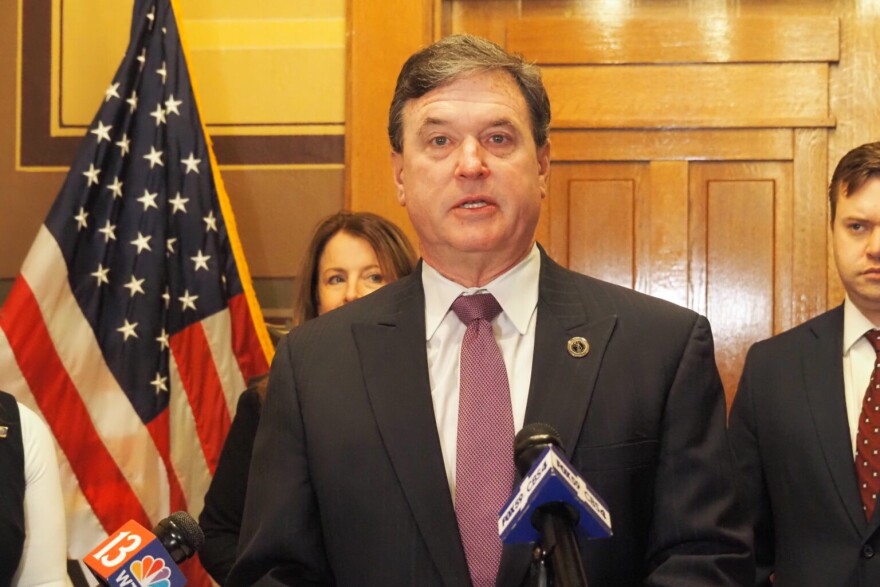 Indiana Attorney General Todd Rokita backs an immigration bill on Thursday, Feb. 19, 2026.