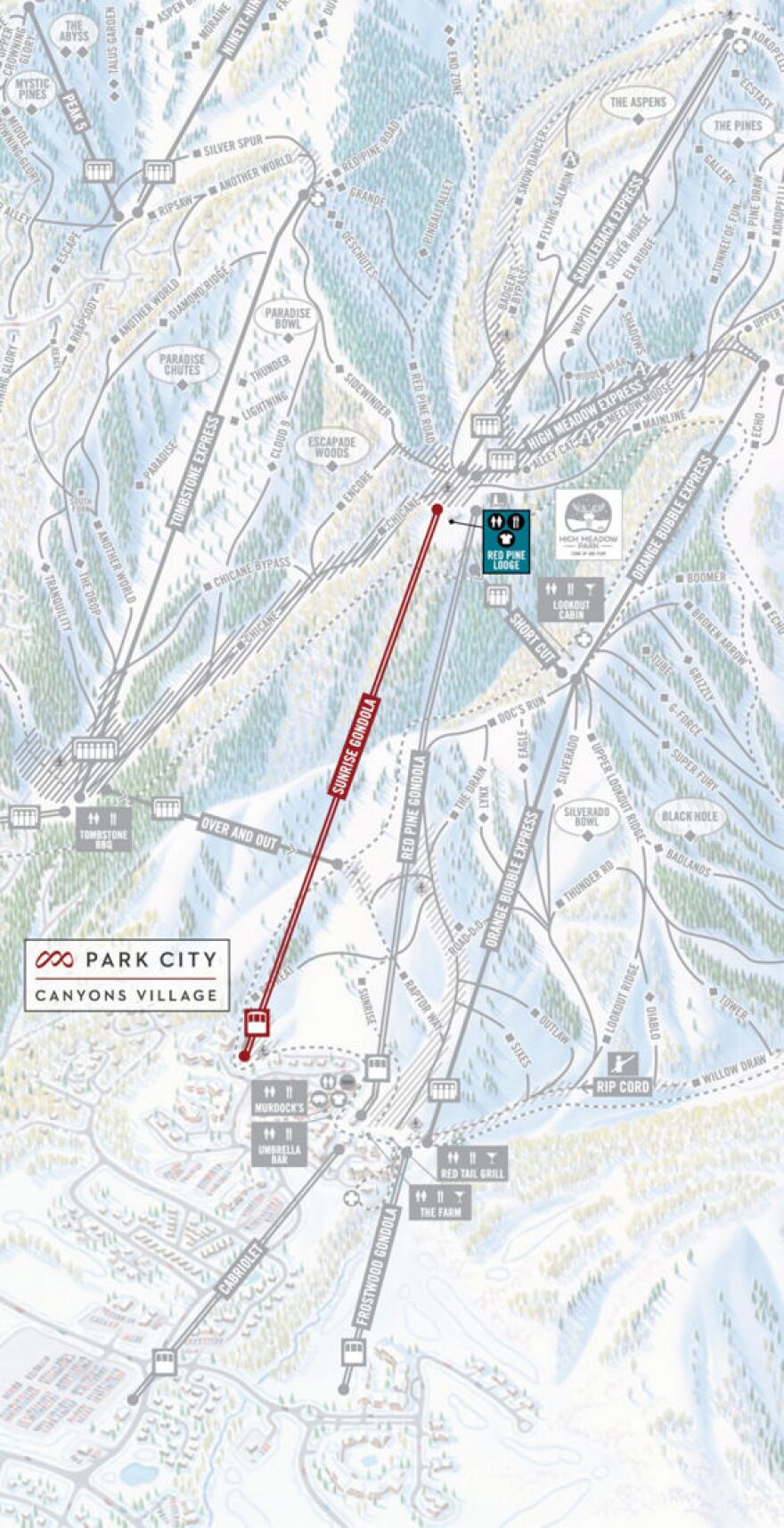 This map shows where the gondola how the gondola would fit next to existing lifts and trails at Canyons Village.