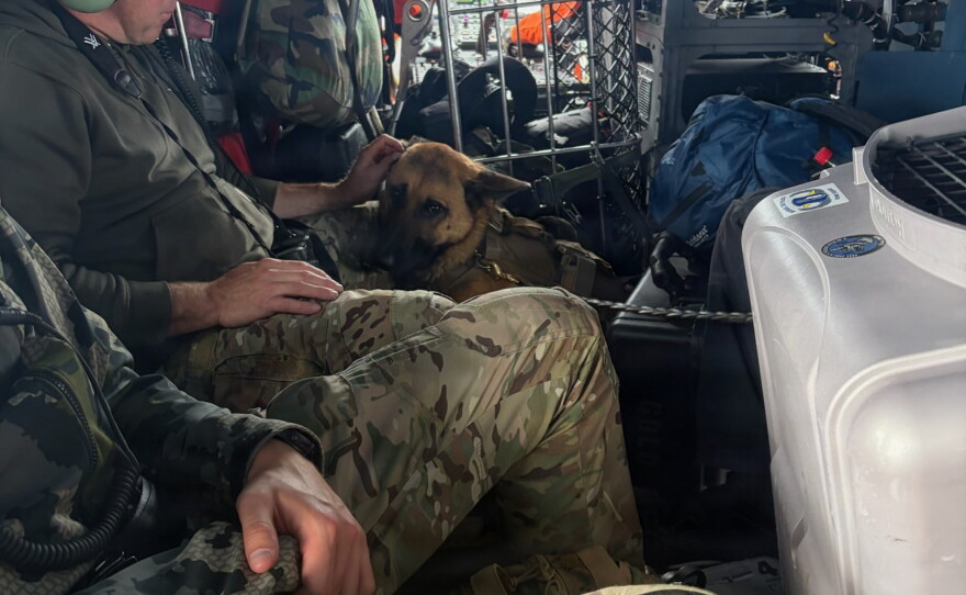 Michigan State Police K-9 Unit officers and their dog sit aboard a U.S. Coast Guard Air Station Traverse City MH-60 Jayhawk helicopter as they transit Lake Superior en route to Isle Royale, Michigan, September 12, 2026. Michigan State Police were transported to the island via Coast Guard helicopter to search for a man who had been missing for days. (U.S. Coast Guard Courtesy photo by Air Station Traverse City)