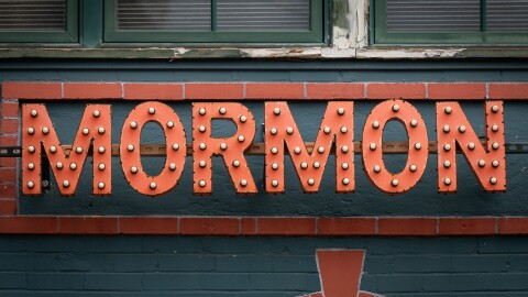 The word Mormon from the front facade of Jack Mormon Coffee, a closed coffee shop in the Avenues neighborhood of Salt Lake City, July 22, 2026.