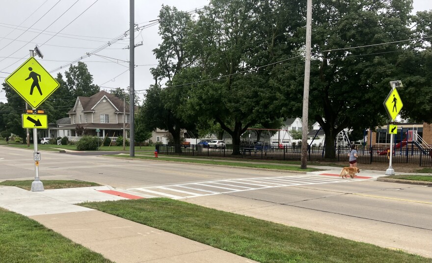 Here are the rapid flashing beacon lights in a crosswalk on East Jefferson Street in front of Jefferson Elementary School in Morton.