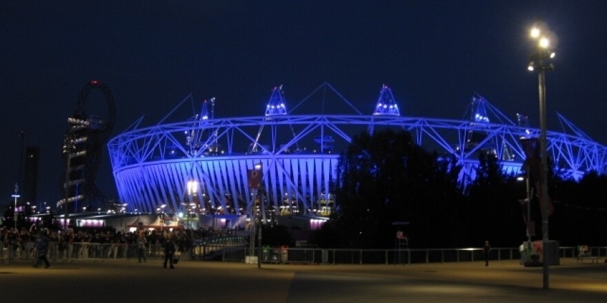 The Olympic Stadium is lit up for an Opening Ceremony dress rehearsal this week.