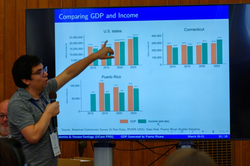 University of Connecticut researcher Luis Palomino presents his preliminary research on the economic contributions of Puerto Ricans living in U.S. states at the Connecticut State Capitol on the first day of UConn’s annual Puerto Ricans in CT summit, March 20, 2026. In Connecticut, Palomino estimates that Puerto Ricans in 2023 generated nearly 4% of the state GDP, which is more than major industries like construction and transportation.