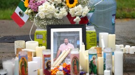 A memorial grows at the site where Lorenzo Salgado Araujo was fatally shot by ICE agents, last week, on Monday, July 13, 2026, in Houston. (AP Photo/Karen Warren)