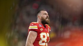 Kansas City Chiefs tight end Travis Kelce celebrates a touchdown against the San Francisco 49ers during the second half of Super Bowl 58 in Las Vegas.