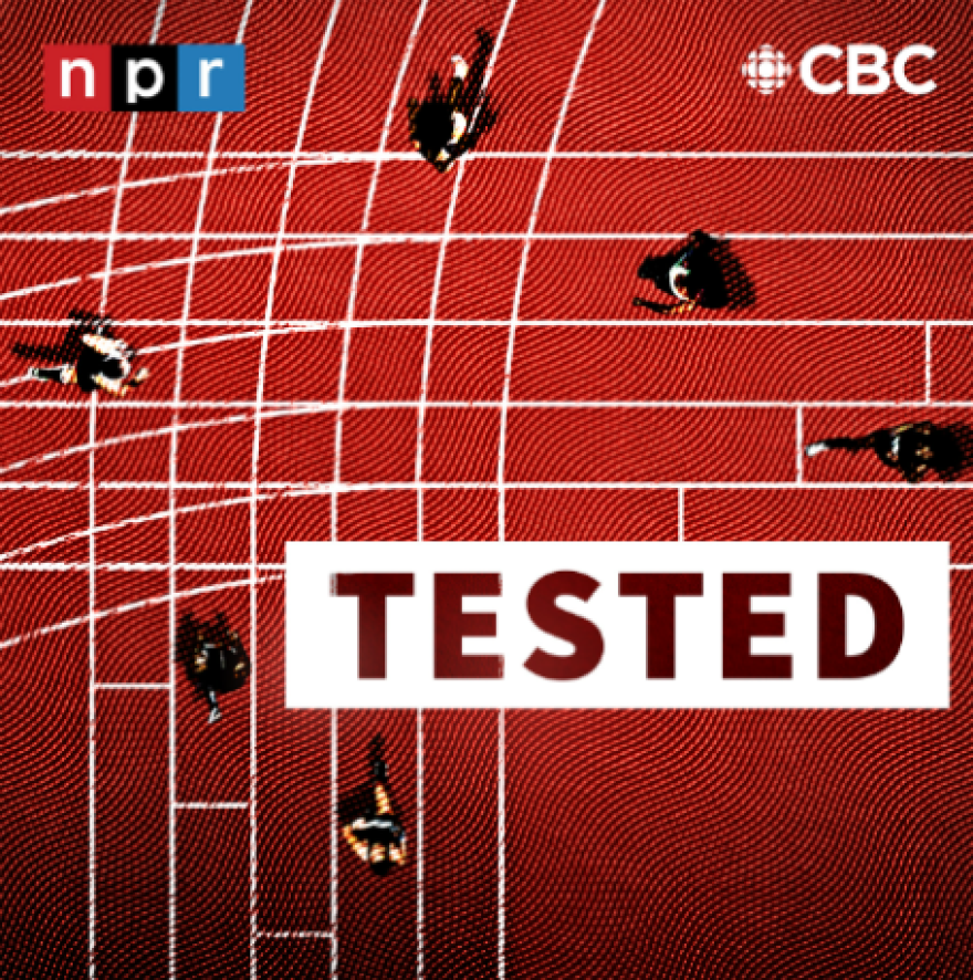 A promotional image for the new podcast Tested. It's an aerial shot of a running track, with women of different races in motion in various tracks. In the upper left is the red, blue and black NPR logo, and in the bottom right is the word "tested" in all caps. 