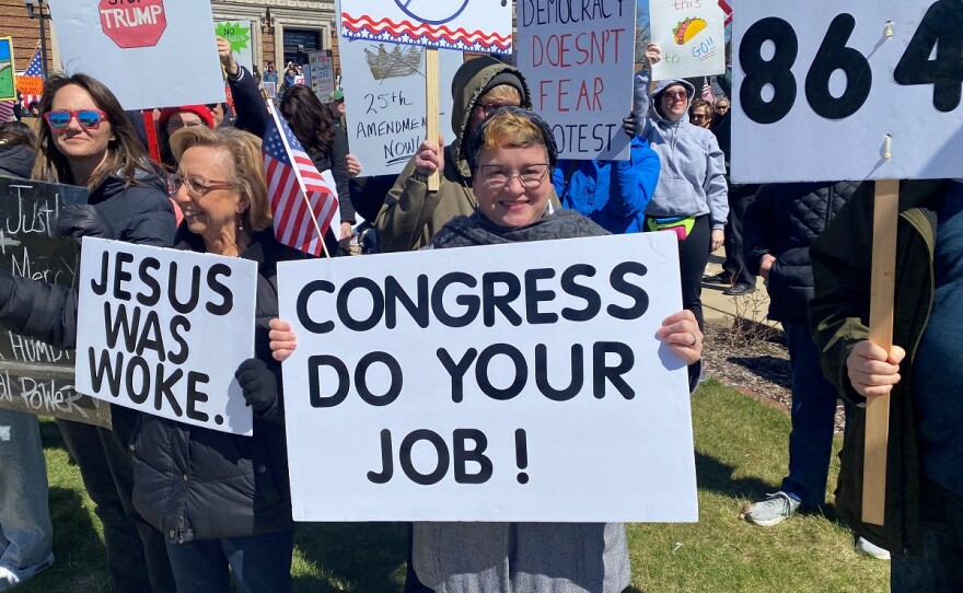 Protesters in Bloomington hold signs at the "No kings" protest.