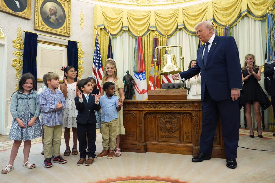 President Donald Trump rings the opening bell for the New York Stock Exchange and the Nasdaq in the Oval Office at the White House, Monday, July 6, 2026, in Washington.