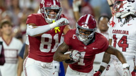 Alabama tight end Kaleb Edwards (81) and wide receiver Ryan Coleman-Williams (1) celebrate after a score by Coleman-Williams during the first half of an NCAA college football game against South Carolina, Saturday, Sept. 26, 2026, in Tuscaloosa, Ala. (AP Photo/Vasha Hunt)