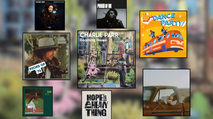 Artwork for eight music releases displayed in black square frames. Four are album covers in larger squares and four are singles in smaller squares.