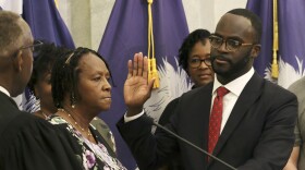 Brian Gaines is sworn in as the South Carolina Comptroller General on Friday, May 12, 2023, in Columbia, S.C. The governor named a new top accountant after the previous 20-year officeholder resigned amid mounting scrutiny over a $3.5 billion reporting error. (AP Photo/James Pollard)