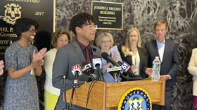 Isaias Rodriguez Sanchez, a sophomore at New Britain High School and participant in the Educators Rising teacher training program, speaks at a press conference in Hartford on Tuesday, May 16, 2023.
