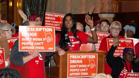Citizen Action/Illinois Executive Director Anusha Thotakura speaks at a rally in the state capitol building on Feb. 17. Citizen Action rallied in support of legislation to establish a prescription drug affordability board.
