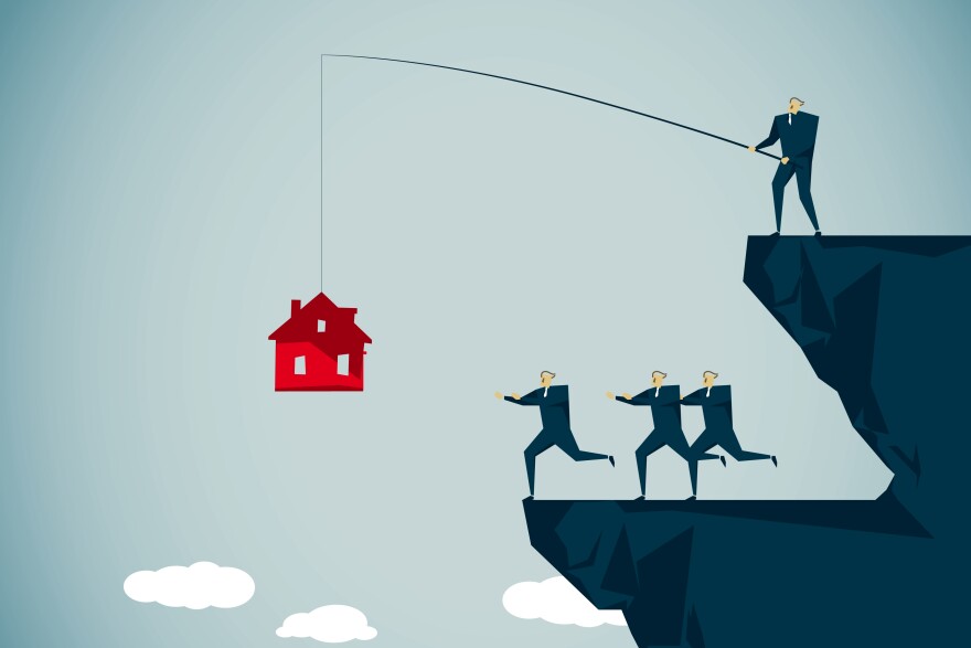 A businessman casts a fishing pole with a house at the end, luring a group of men to chase it off a cliff. 