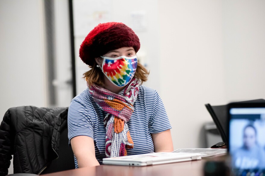 Isabelle Wilson participates in a senior level Go On And Learn (GOAL) class at the University of Northern Colorado. The GOAL program provides an opportunity for students with intellectual and developmental disabilities to attend college. (Valerie Mosley/Special to the Colorado Sun)