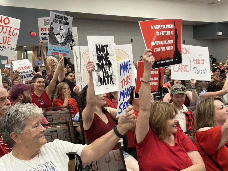 Community meeting at the Tucson Convention Center on August 4, 2025, a public forum to discuss pros and cons of "Project Blue," a massive data center installation proposed by Amazon Web Services. (Wild Horizons/Universal Images Group via Getty Images)