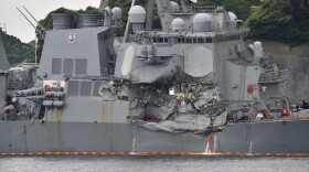 Damage is seen on the guided missile destroyer USS Fitzgerald at its mother port in Yokosuka, southwest of Tokyo on June 18, 2017. (Kazuhiro Nogi/AFP/Getty Images)