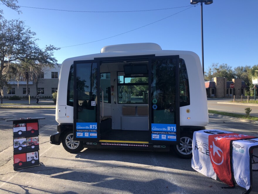 City officials displayed for the first time on Tuesday one of the three automotive vehicles that will drive in Gainesville. (Lauren Rousseau/WUFT News)