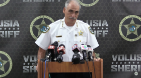 Mike Chitwood addresses the press at a conference on rising antisemitism in Florida.