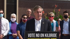 Illinois Republican Party Chairman Tim Schneider holds a news conference urging a "no" vote on Justice Thomas Kilbride's retention outside the Peoria County Courthouse, Sept. 22, 2020.