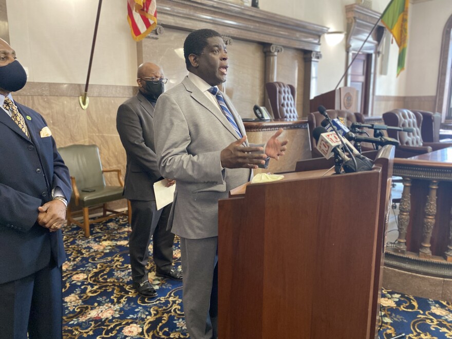 County Legislator Vince Felder center flanked by County Legislators Calvin Lee (left) and Ernest Flagler-Mitchell (right).