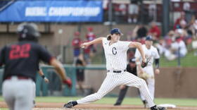 Connecticut's Austin Peterson pitches in the first inning against Stanford in an NCAA college baseball super regional game Sunday, June 12, 2022, in Stanford, Calif.